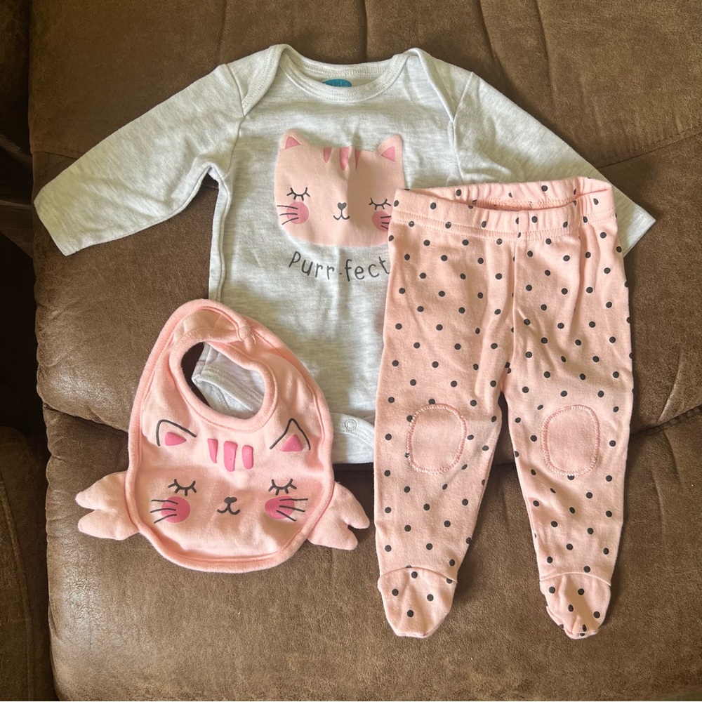 Bon Bebe Baby Girls’ Cat Bodysuit, Bib and Pants (3 Piece Set)